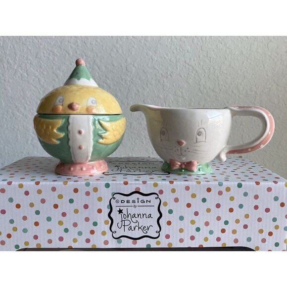 JOHANNA PARKER DESIGN Spring Easter Chick & Bunny Ceramic Sugar & Creamer Set - Picture 2 of 11